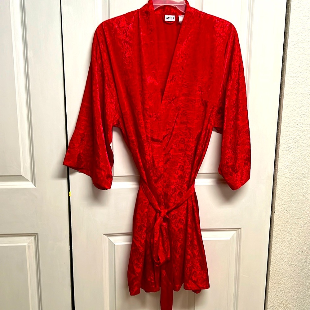 Avon Red Satin Floral Print Robe With Spaghetti Strap Nightgown Plus Size 1X